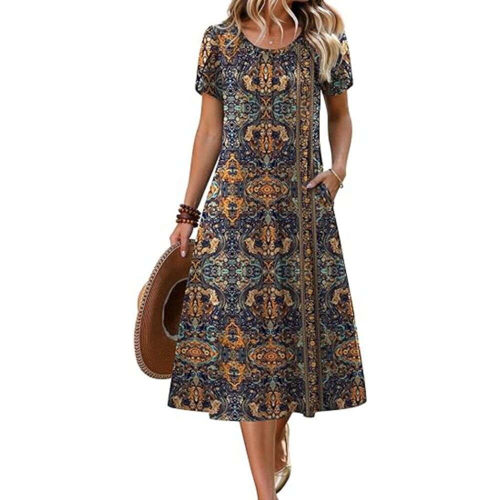 Women Chic Printed Blend Crew Neck A Line Short Sleeve Flowy Dress Boho Sundress